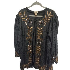 Style Design Black Beaded Sequin Embellished Silk Rayon Jacket 2X Evening Glam